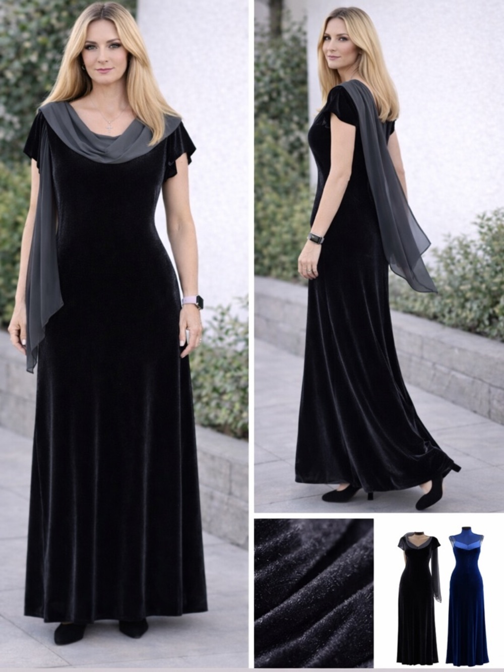 Connected Apparel Black Formal Velvet Dress Chiffon Collar Overlay Size 16